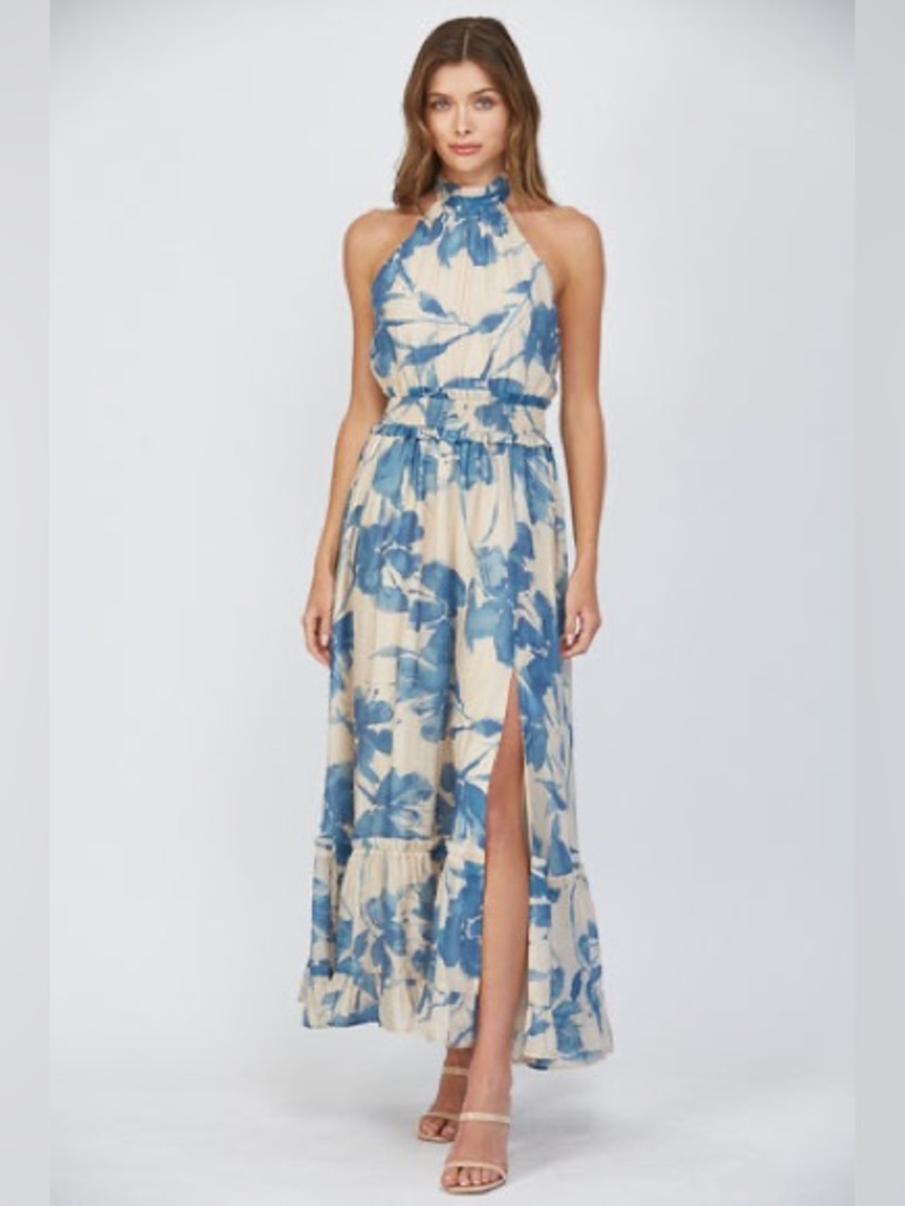 FATE Twilight Bloom Floral Halter Maxi Wedding Guest Dress Open Back Blue N